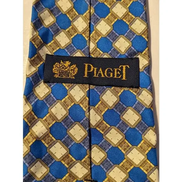 Piaget Silk Vintage 100% Silk Blue Gold Geometric Design Neck Tie - Picture 16 of 16